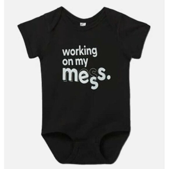 MESS in A Bottle cotton Bodysuit Black "working on my mess" 6-9mo, 12mo, 18mo - Picture 1 of 3